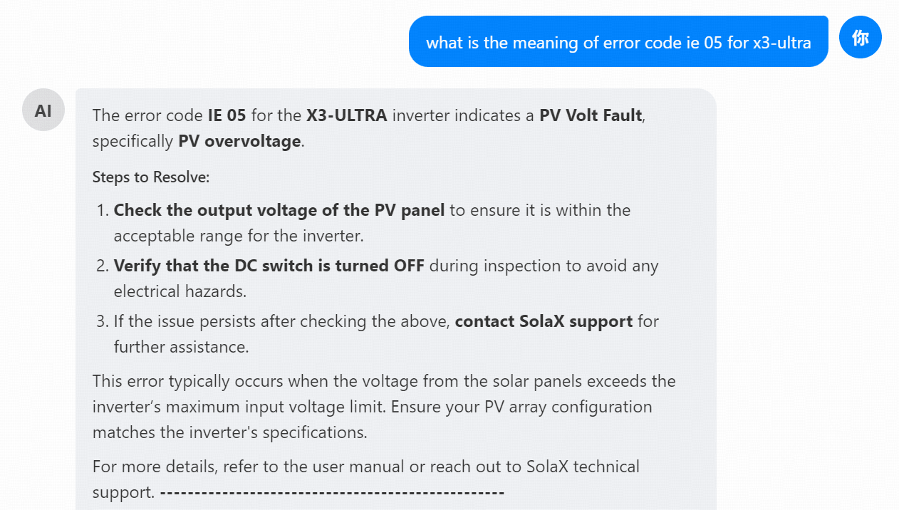 Schermafbeelding van de SolaX AI-assistent die een foutcode van een X3-ULTRA-omvormer uitlegt