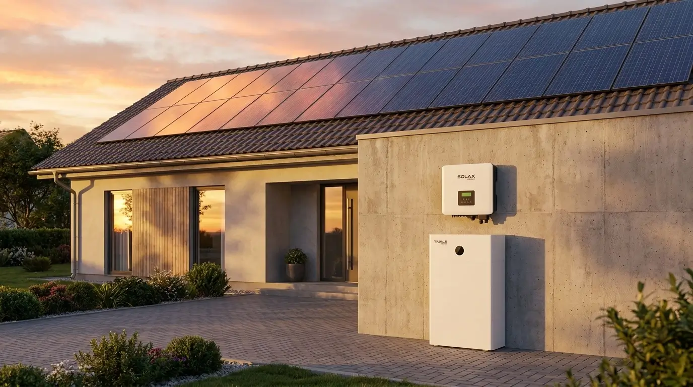 SolaX-omvormer en thuisbatterij aan de gevel van een woning met zonnepanelen