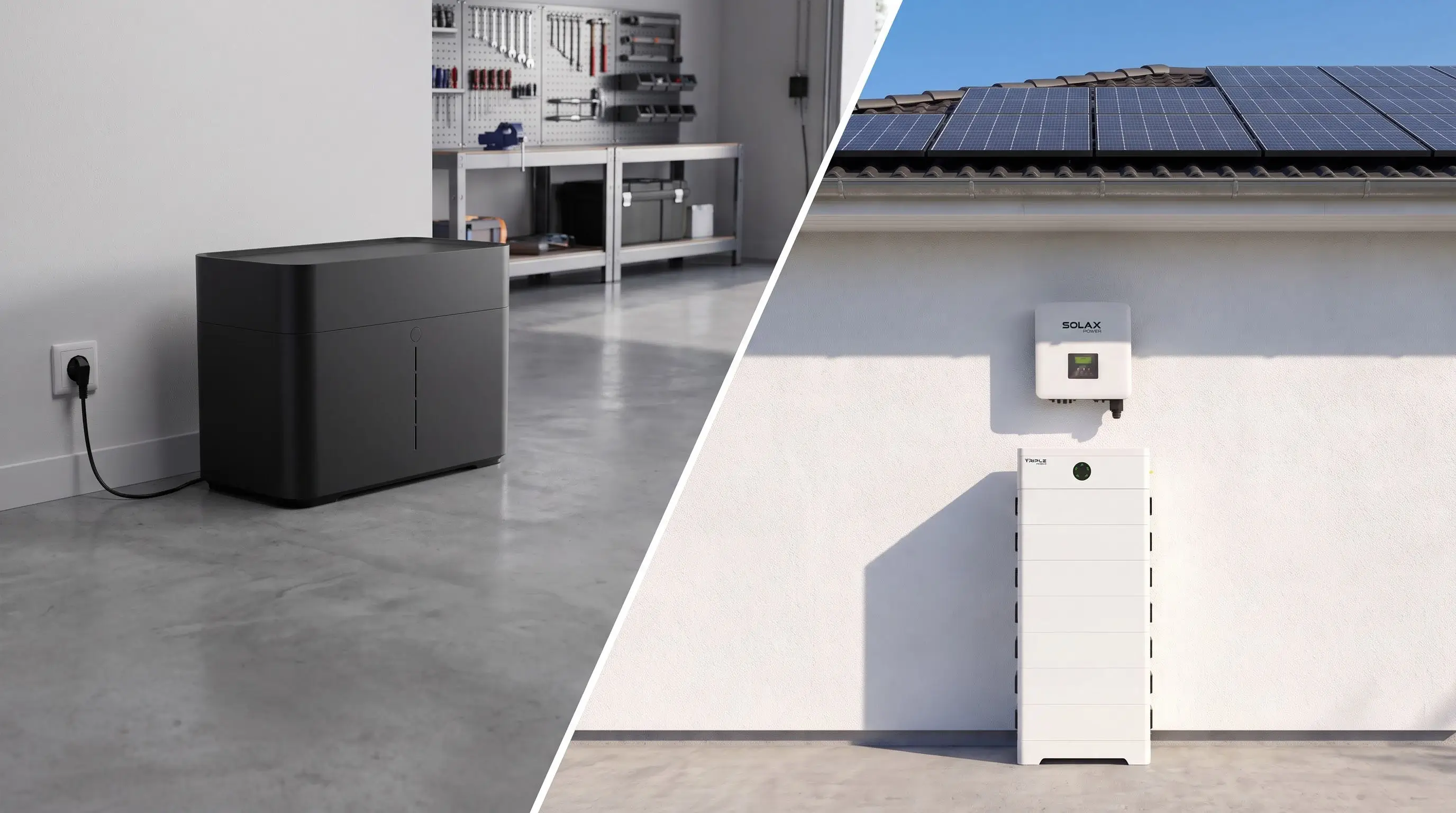 Vaste SolaX thuisbatterij naast een stekkerbatterij in de garage