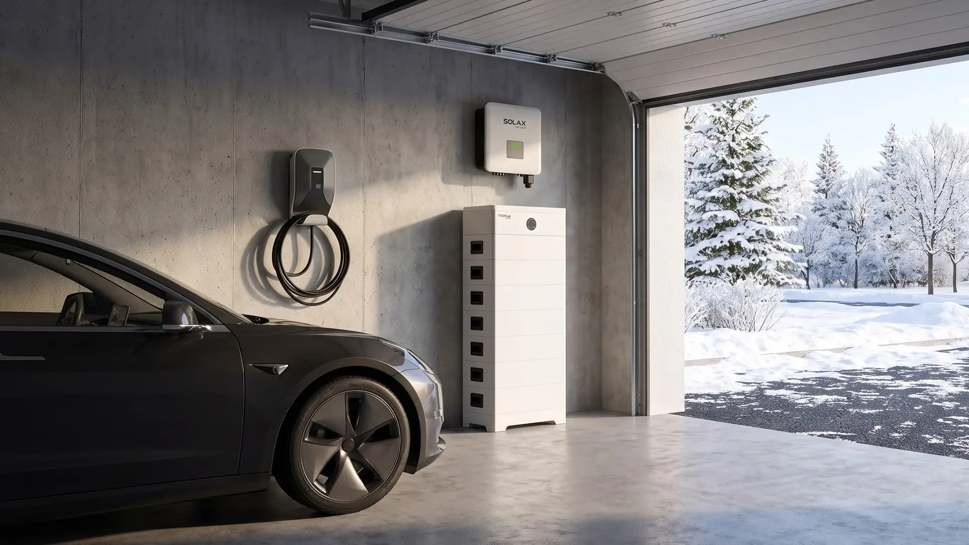 Elektrische auto laadt via een laadpaal in combinatie met een SolaX thuisbatterij